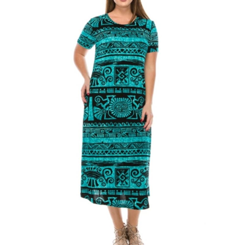 Vintage 90s Jostar Aqua Black Aztec Tribal Short Sleeve Midi T-Shirt Dress S